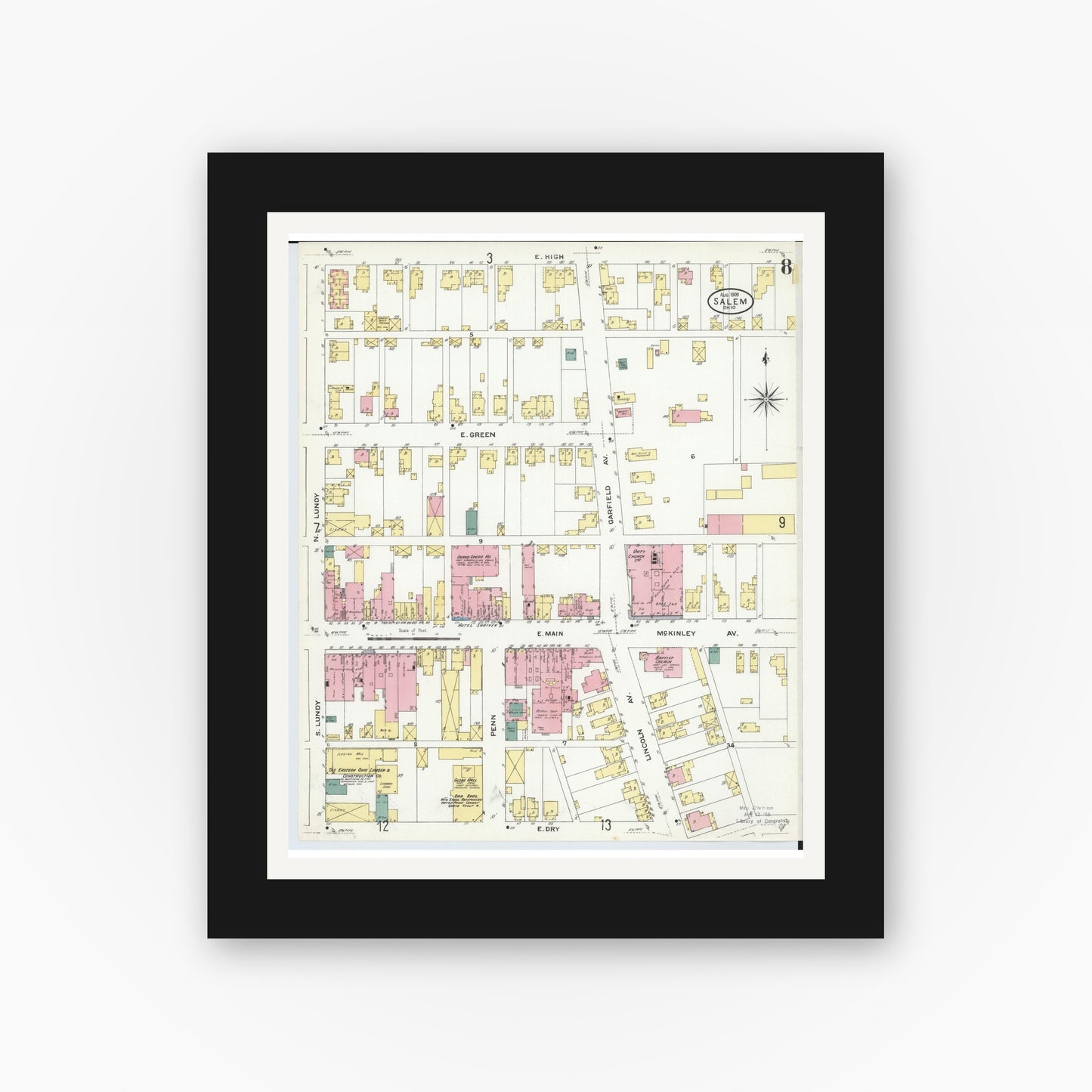 Old map wall art mockup — black gallery frame with white mat — Sanborn Fire Insurance Map from Salem, Columbiana County, Ohio (1909), Sheet #0008