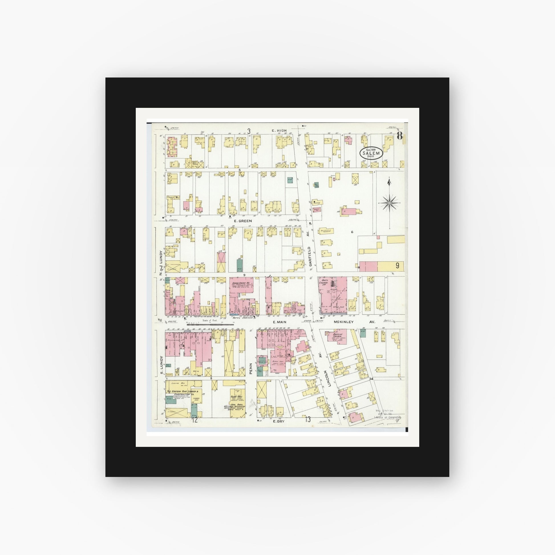 Old map wall art mockup — black gallery frame with white mat — Sanborn Fire Insurance Map from Salem, Columbiana County, Ohio (1909), Sheet #0008