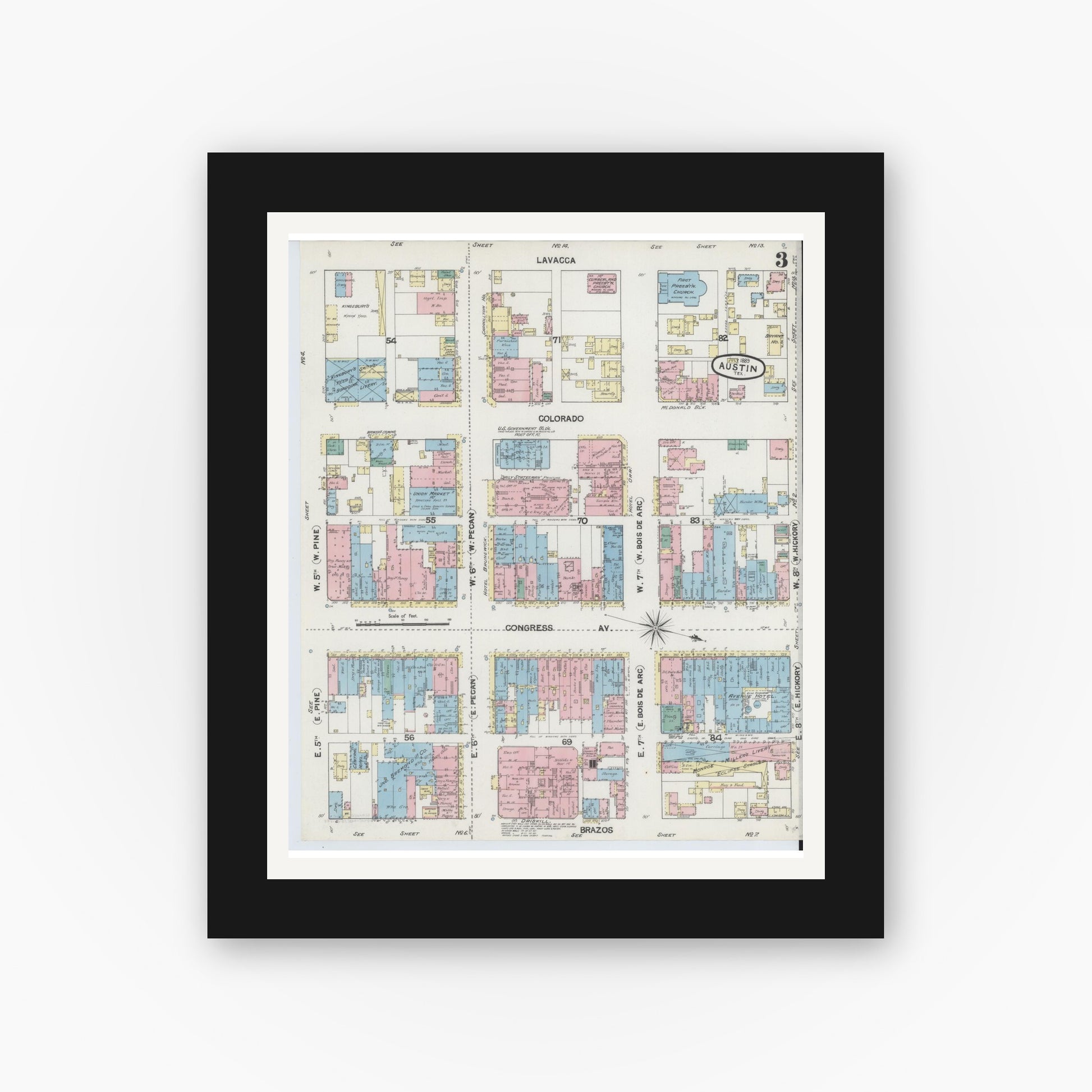Old map wall art mockup — black gallery frame with white mat — Sanborn Fire Insurance Map from Austin, Travis County, Texas (1889), Sheet #0003
