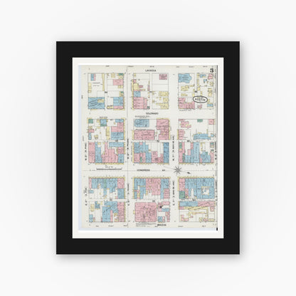 Old map wall art mockup — black gallery frame with white mat — Sanborn Fire Insurance Map from Austin, Travis County, Texas (1889), Sheet #0003