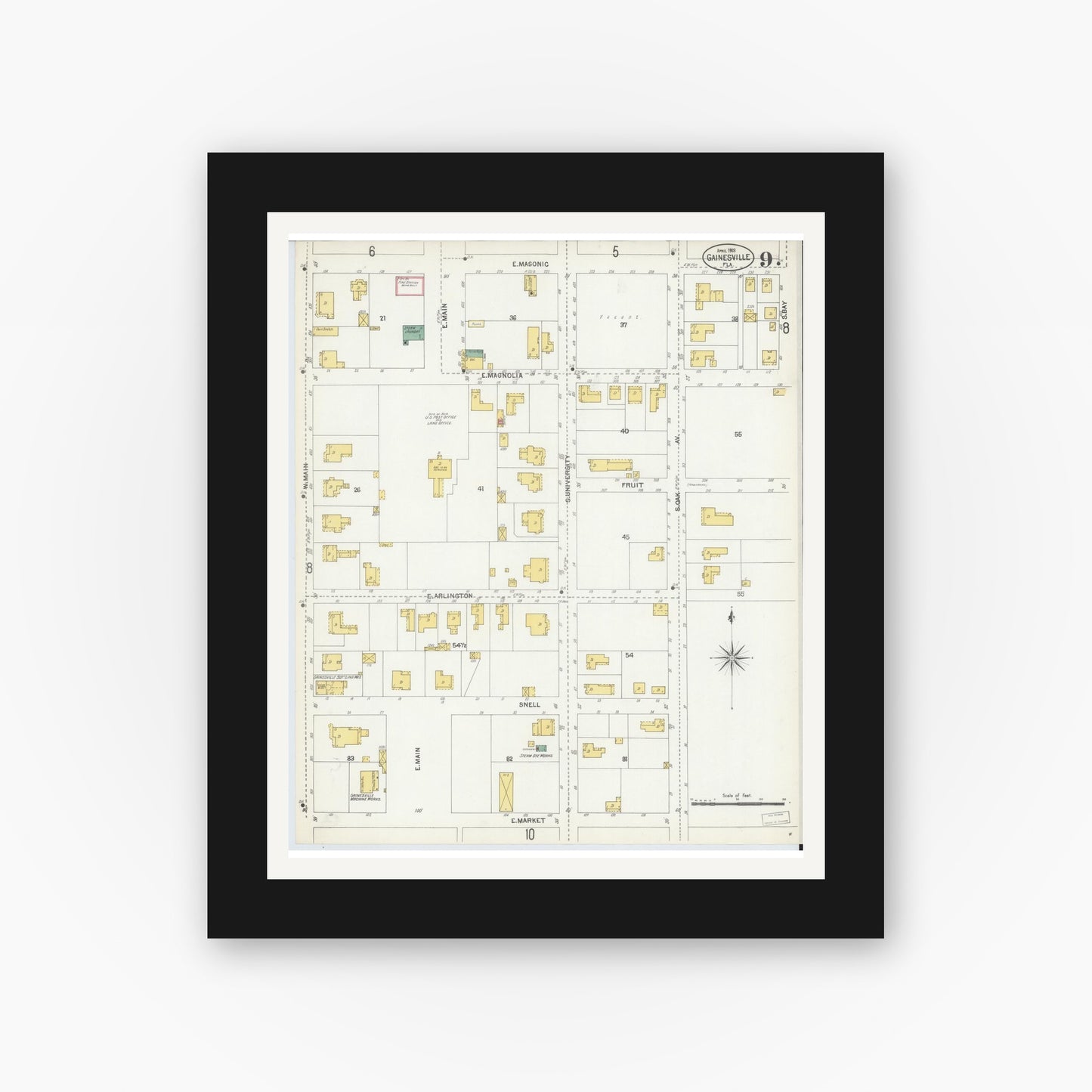 Old map wall art mockup — black gallery frame with white mat — Sanborn Fire Insurance Map from Gainesville, Alachua County, Florida (1903), Sheet #0009