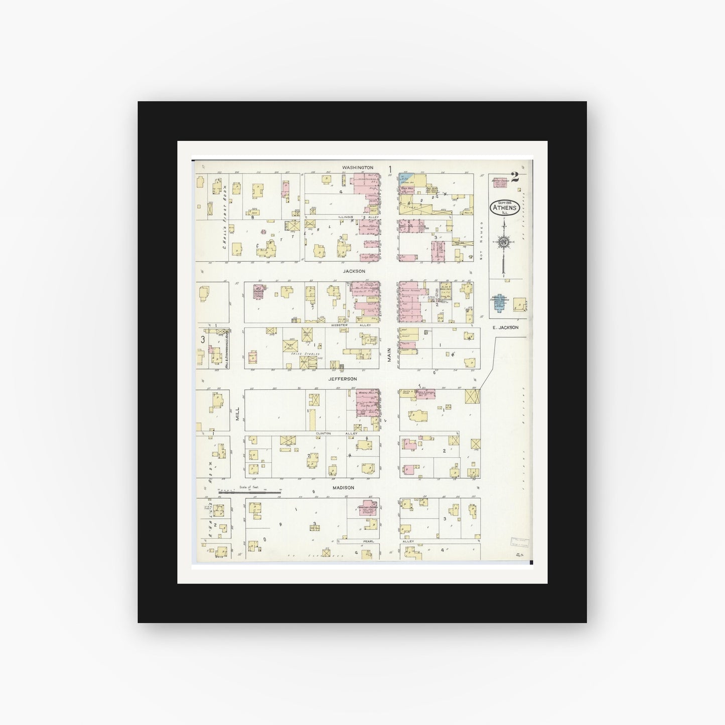 Old map wall art mockup — black gallery frame with white mat — Sanborn Fire Insurance Map from Athens, Menard County, Illinois (1914), Sheet #0002