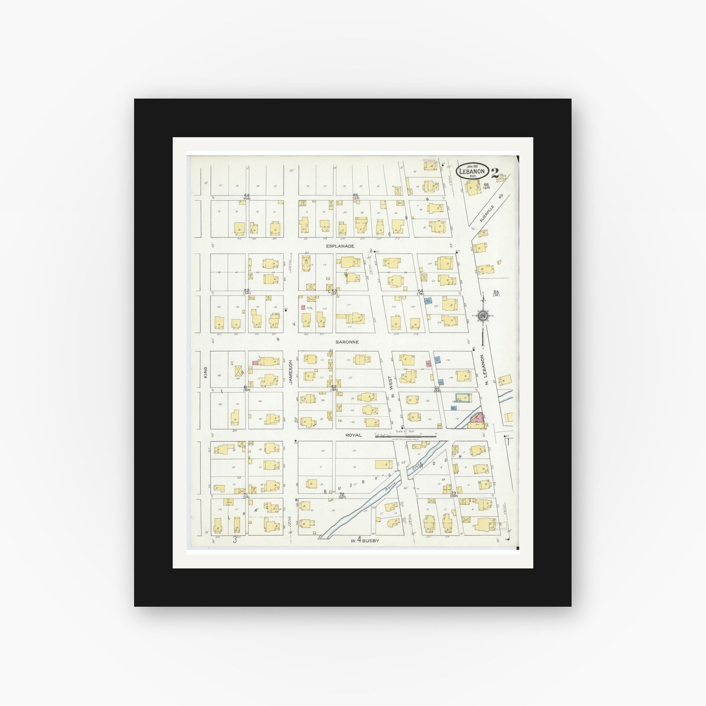 Old map wall art mockup — black gallery frame with white mat — Sanborn Fire Insurance Map from Lebanon, Boone County, Indiana (1919), Sheet #0002