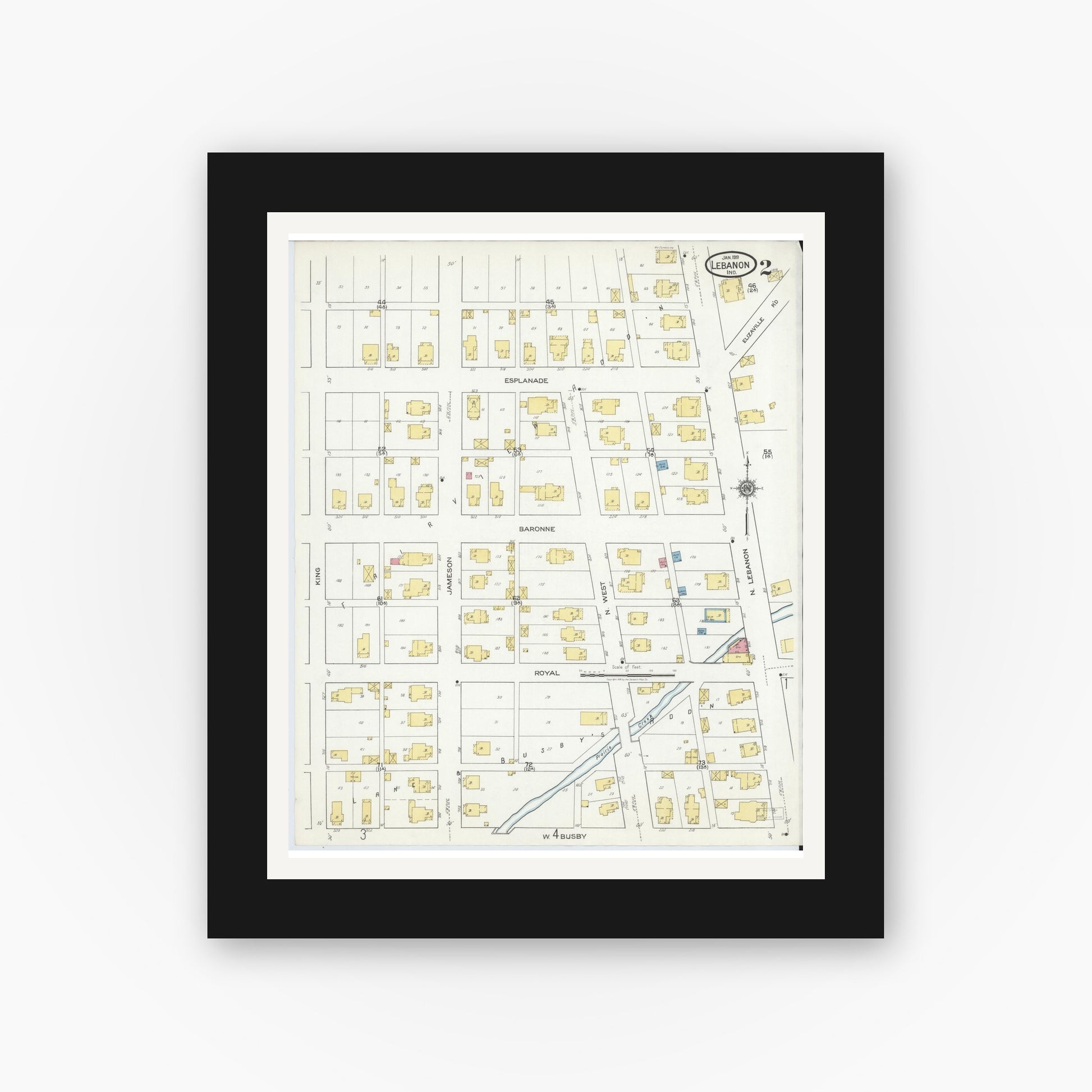 Old map wall art mockup — black gallery frame with white mat — Sanborn Fire Insurance Map from Lebanon, Boone County, Indiana (1919), Sheet #0002