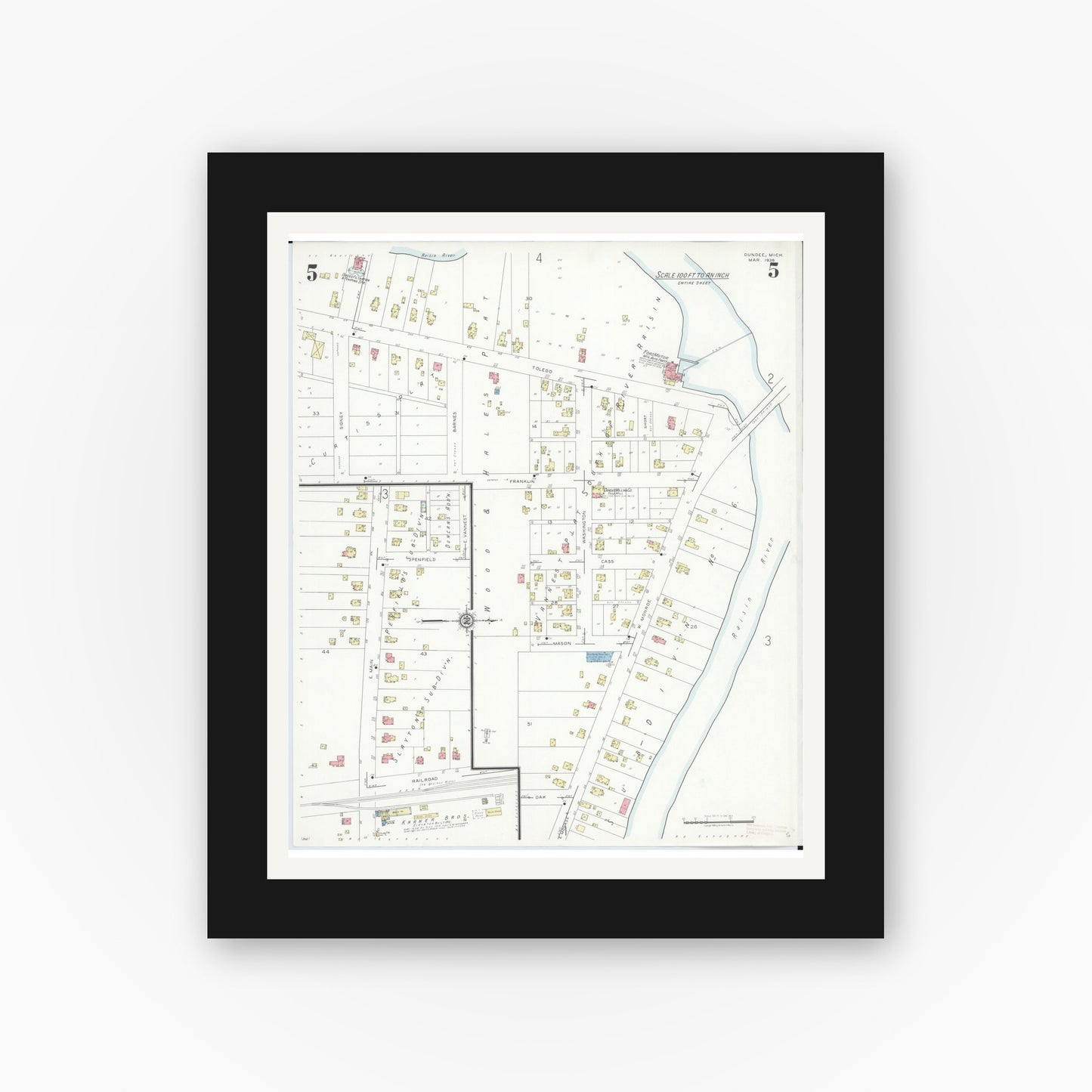 Old map wall art mockup — black gallery frame with white mat — Sanborn Fire Insurance Map from Dundee, Monroe County, Michigan (1938), Sheet #0005