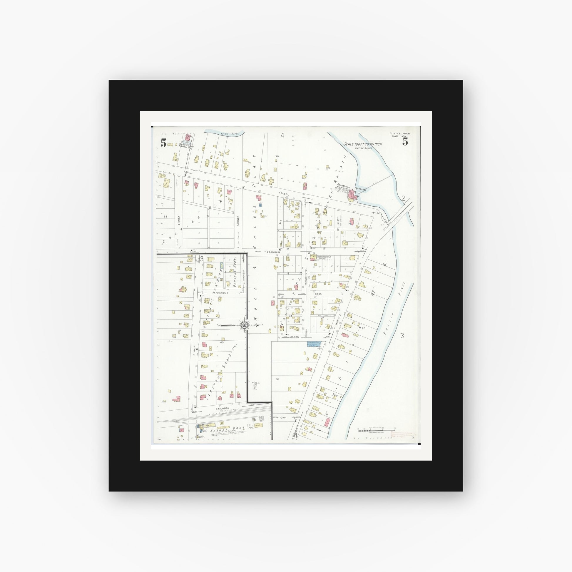 Old map wall art mockup — black gallery frame with white mat — Sanborn Fire Insurance Map from Dundee, Monroe County, Michigan (1938), Sheet #0005