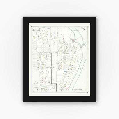 Old map wall art mockup — black gallery frame with white mat — Sanborn Fire Insurance Map from Dundee, Monroe County, Michigan (1938), Sheet #0005