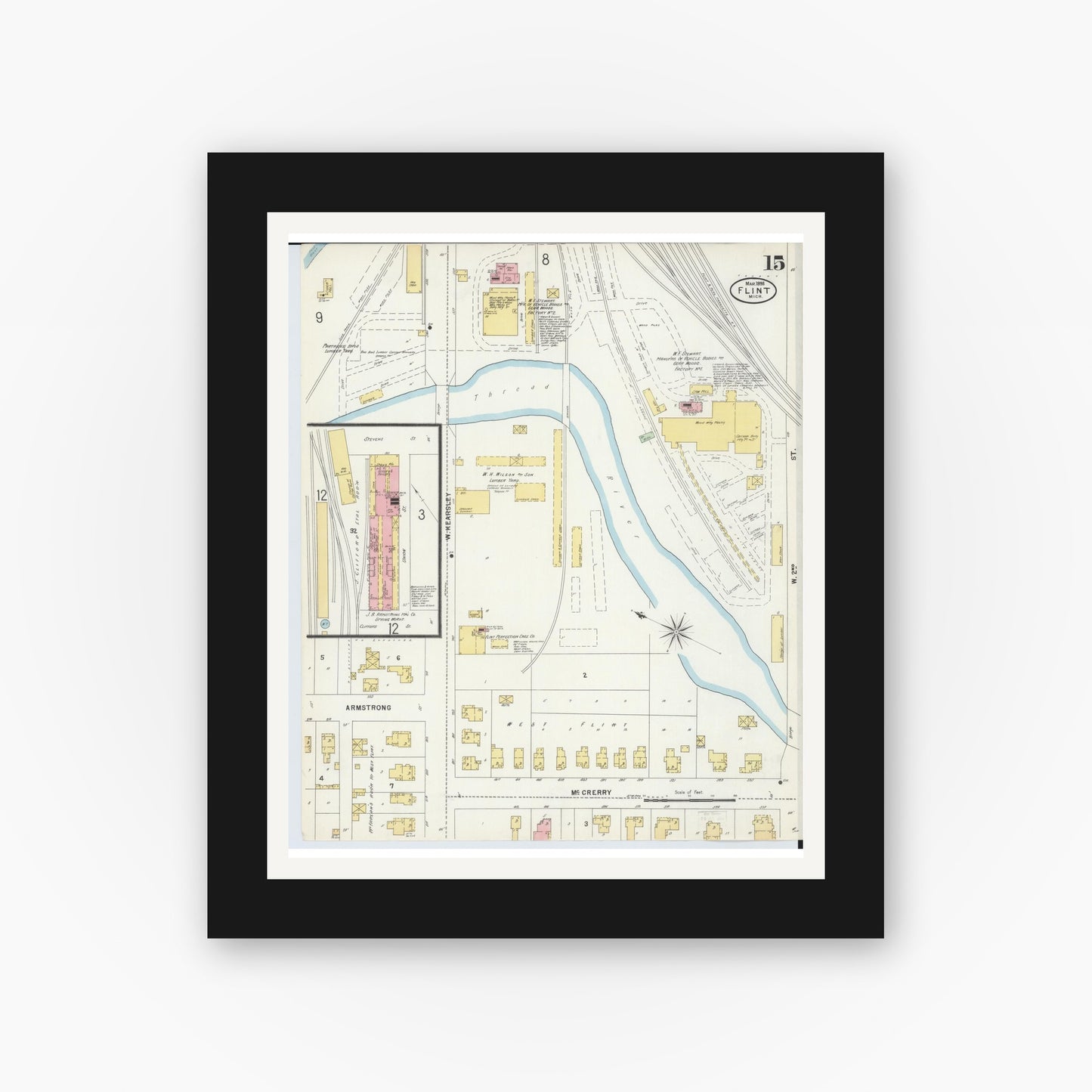 Old map wall art mockup — black gallery frame with white mat — Sanborn Fire Insurance Map from Flint, Genesee County, Michigan (1898), Sheet #0015