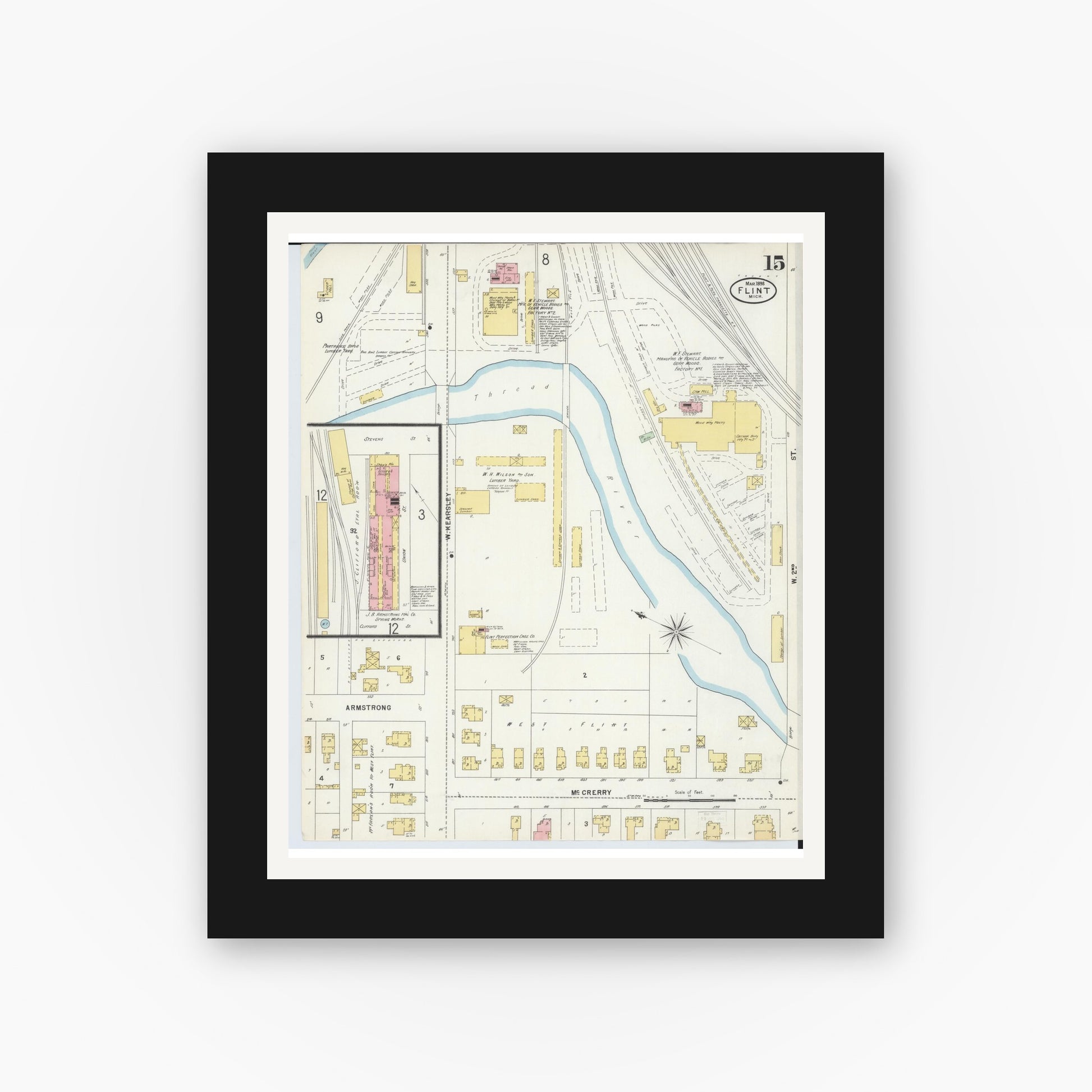 Old map wall art mockup — black gallery frame with white mat — Sanborn Fire Insurance Map from Flint, Genesee County, Michigan (1898), Sheet #0015