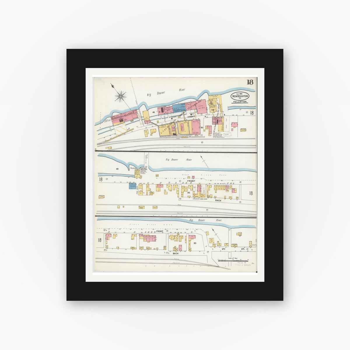 Old map wall art mockup — black gallery frame with white mat — Sanborn Fire Insurance Map from New Brighton, Beaver County, Pennsylvania (1906), Sheet #0018