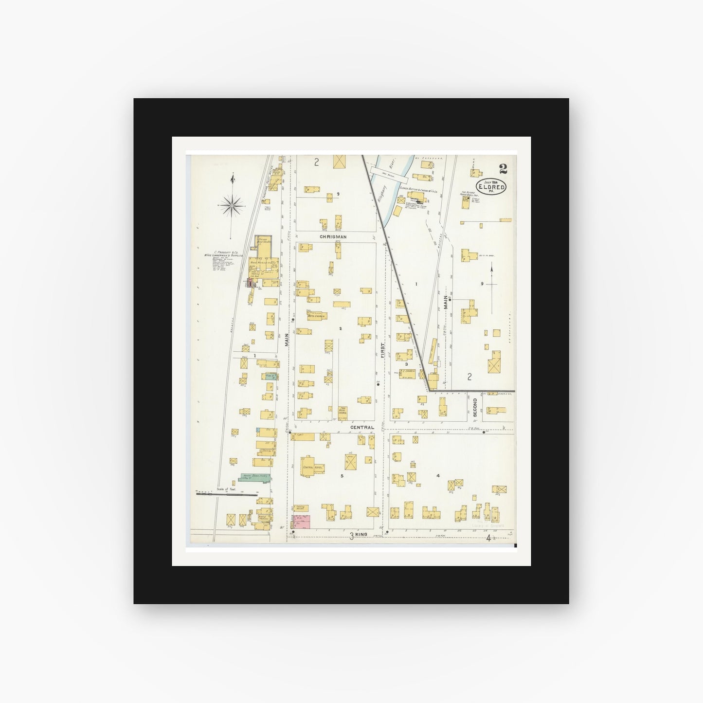 Old map wall art mockup — black gallery frame with white mat — Sanborn Fire Insurance Map from Eldred, McKean County, Pennsylvania (1904), Sheet #0002