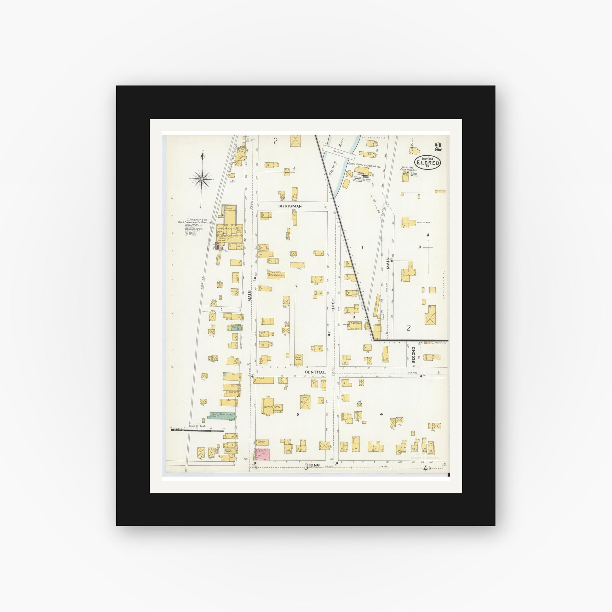 Old map wall art mockup — black gallery frame with white mat — Sanborn Fire Insurance Map from Eldred, McKean County, Pennsylvania (1904), Sheet #0002