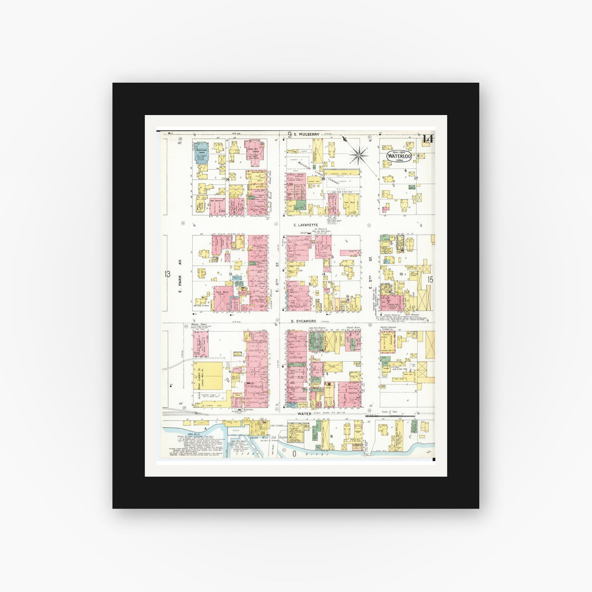 Old map wall art mockup — black gallery frame with white mat — Sanborn Fire Insurance Map from Waterloo, Black Hawk County, Iowa (1900), Sheet #0014