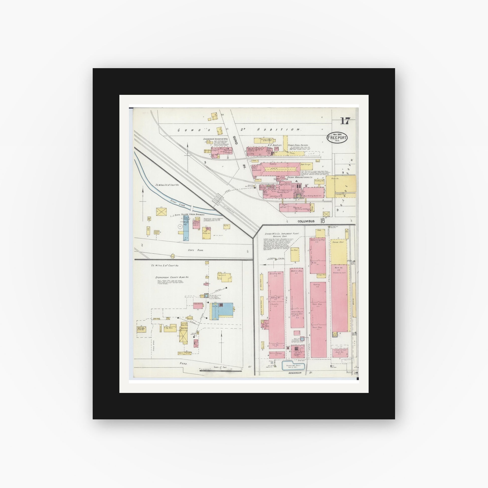 Old map wall art mockup — black gallery frame with white mat — Sanborn Fire Insurance Map from Freeport, Stephenson County, Illinois (1904), Sheet #0017