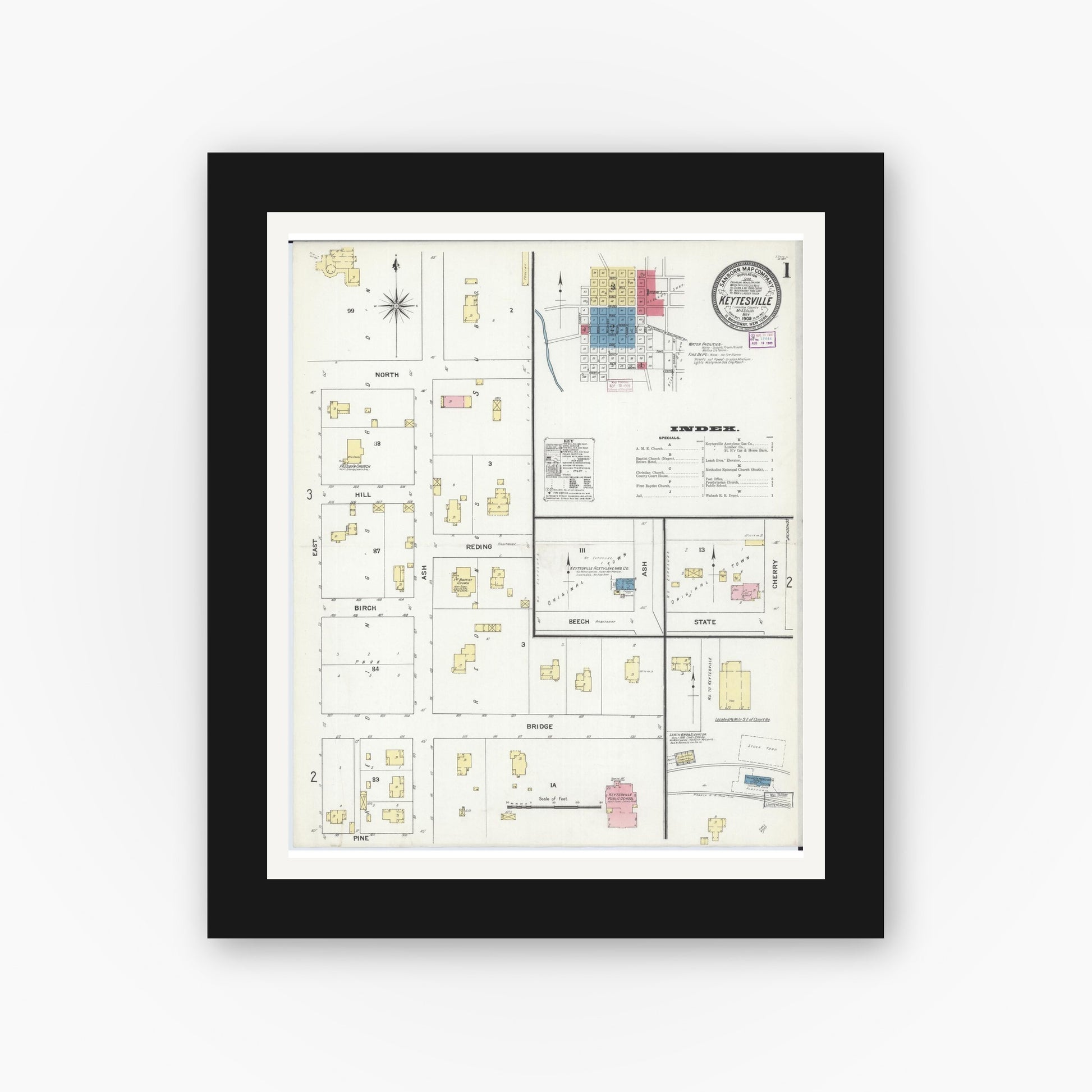 Old map wall art mockup — black gallery frame with white mat — Sanborn Fire Insurance Map from Keytesville, Chariton County, Missouri (1909), Sheet #0001
