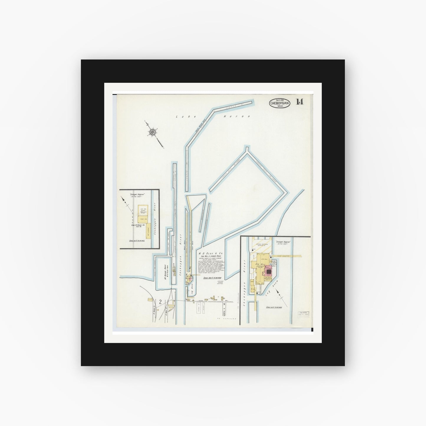 Old map wall art mockup — black gallery frame with white mat — Sanborn Fire Insurance Map from Cheboygan, Cheboygan County, Michigan (1915), Sheet #0014