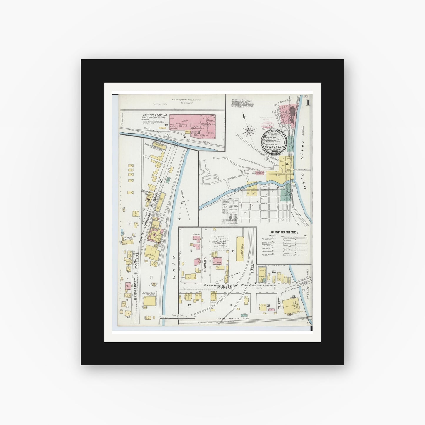 Old map wall art mockup — black gallery frame with white mat — Sanborn Fire Insurance Map from Bridgeport, Belmont County, Ohio (1893) - Complete Map Set