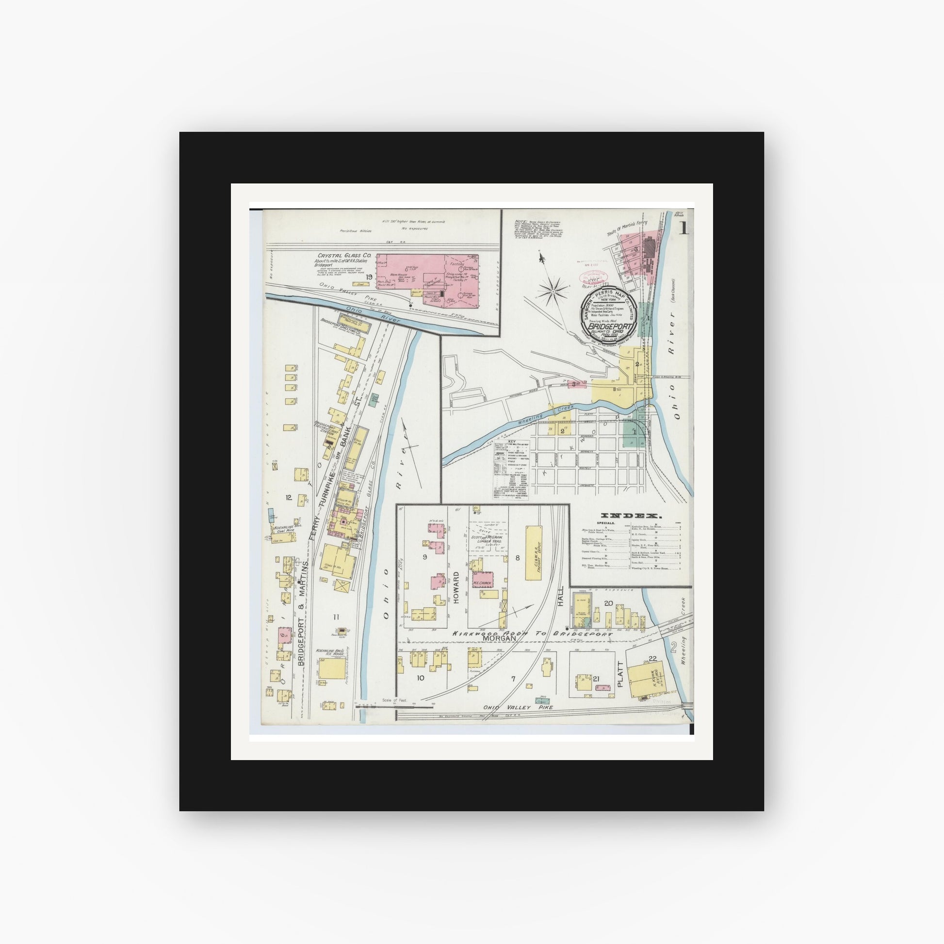 Old map wall art mockup — black gallery frame with white mat — Sanborn Fire Insurance Map from Bridgeport, Belmont County, Ohio (1893) - Complete Map Set