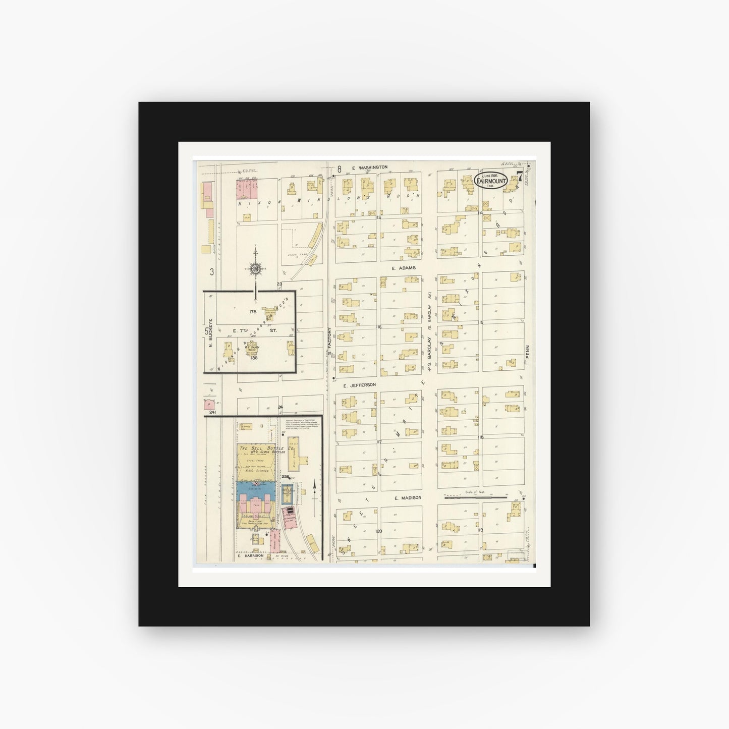 Old map wall art mockup — black gallery frame with white mat — Sanborn Fire Insurance Map from Fairmount, Grant County, Indiana (1916), Sheet #0007