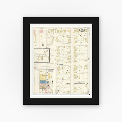 Old map wall art mockup — black gallery frame with white mat — Sanborn Fire Insurance Map from Fairmount, Grant County, Indiana (1916), Sheet #0007