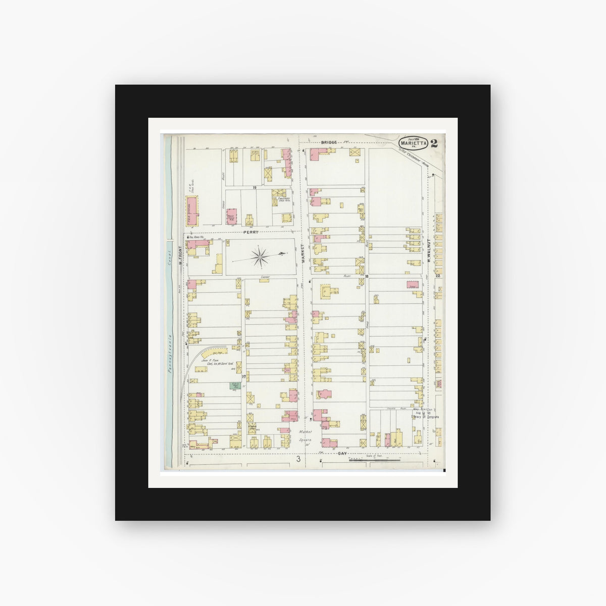 Old map wall art mockup — black gallery frame with white mat — Sanborn Fire Insurance Map from Marietta, Lancaster County, Pennsylvania (1896), Sheet #0002