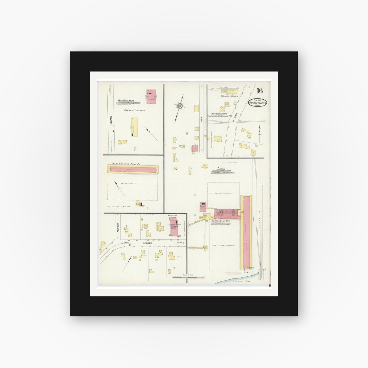 Old map wall art mockup — black gallery frame with white mat — Sanborn Fire Insurance Map from Bridgewater, Plymouth County, Massachusetts (1912), Sheet #0016