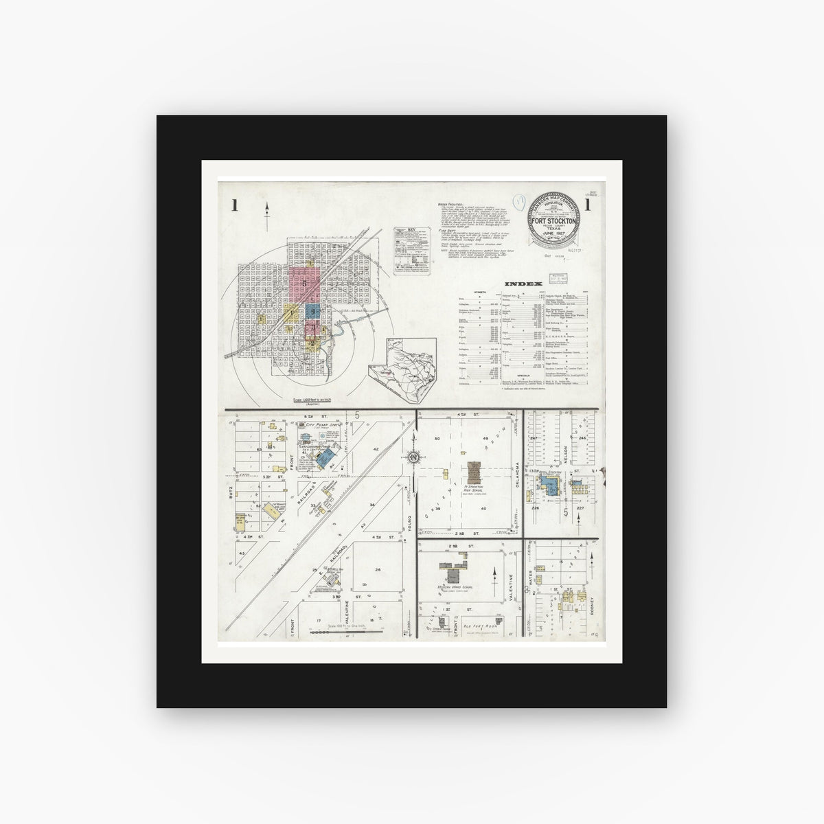 Old map wall art mockup — black gallery frame with white mat — Sanborn Fire Insurance Map from Fort Stockton, Pecos County, Texas (1927) - Complete Map Set