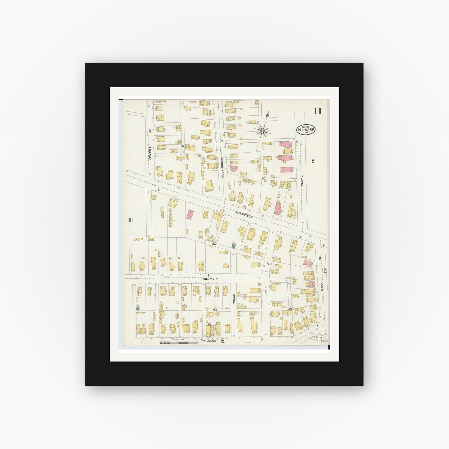 Old map wall art mockup — black gallery frame with white mat — Sanborn Fire Insurance Map from Newark, Licking County, Ohio (1905), Sheet #0011