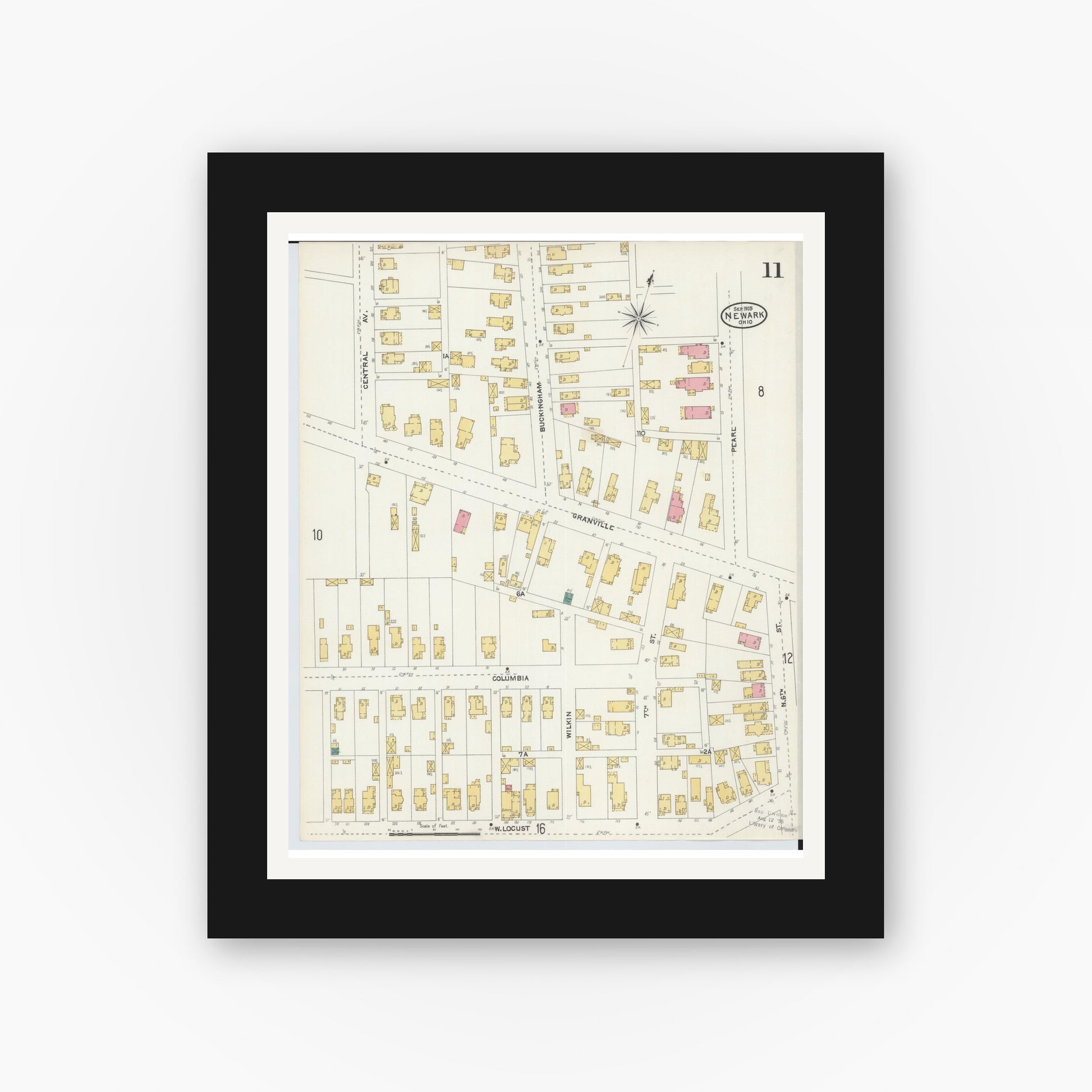 Old map wall art mockup — black gallery frame with white mat — Sanborn Fire Insurance Map from Newark, Licking County, Ohio (1905), Sheet #0011