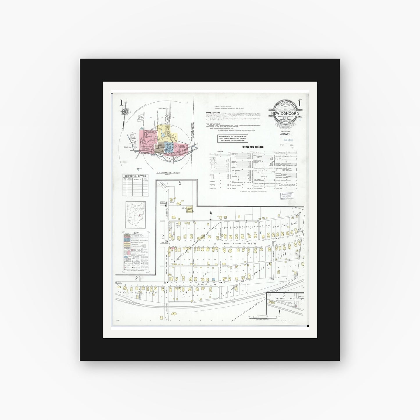 Old map wall art mockup — black gallery frame with white mat — Sanborn Fire Insurance Map from New Concord, Muskingum County, Ohio (1946) - Complete Map Set