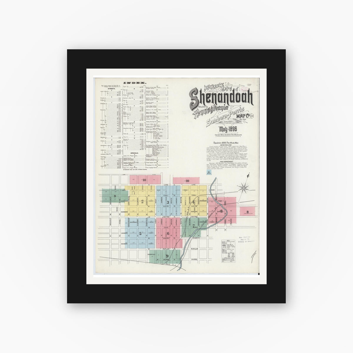 Old map wall art mockup — black gallery frame with white mat — Sanborn Fire Insurance Map from Shenandoah, Schuylkill County, Pennsylvania (1896), Sheet #0001