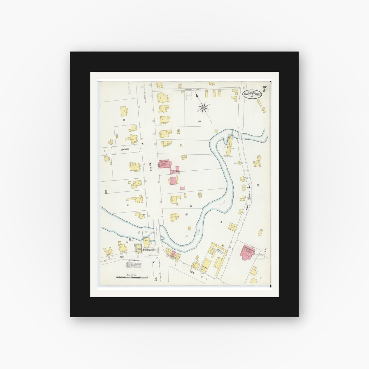 Old map wall art mockup — black gallery frame with white mat — Sanborn Fire Insurance Map from Fayetteville, Cumberland County, North Carolina (1908), Sheet #0007