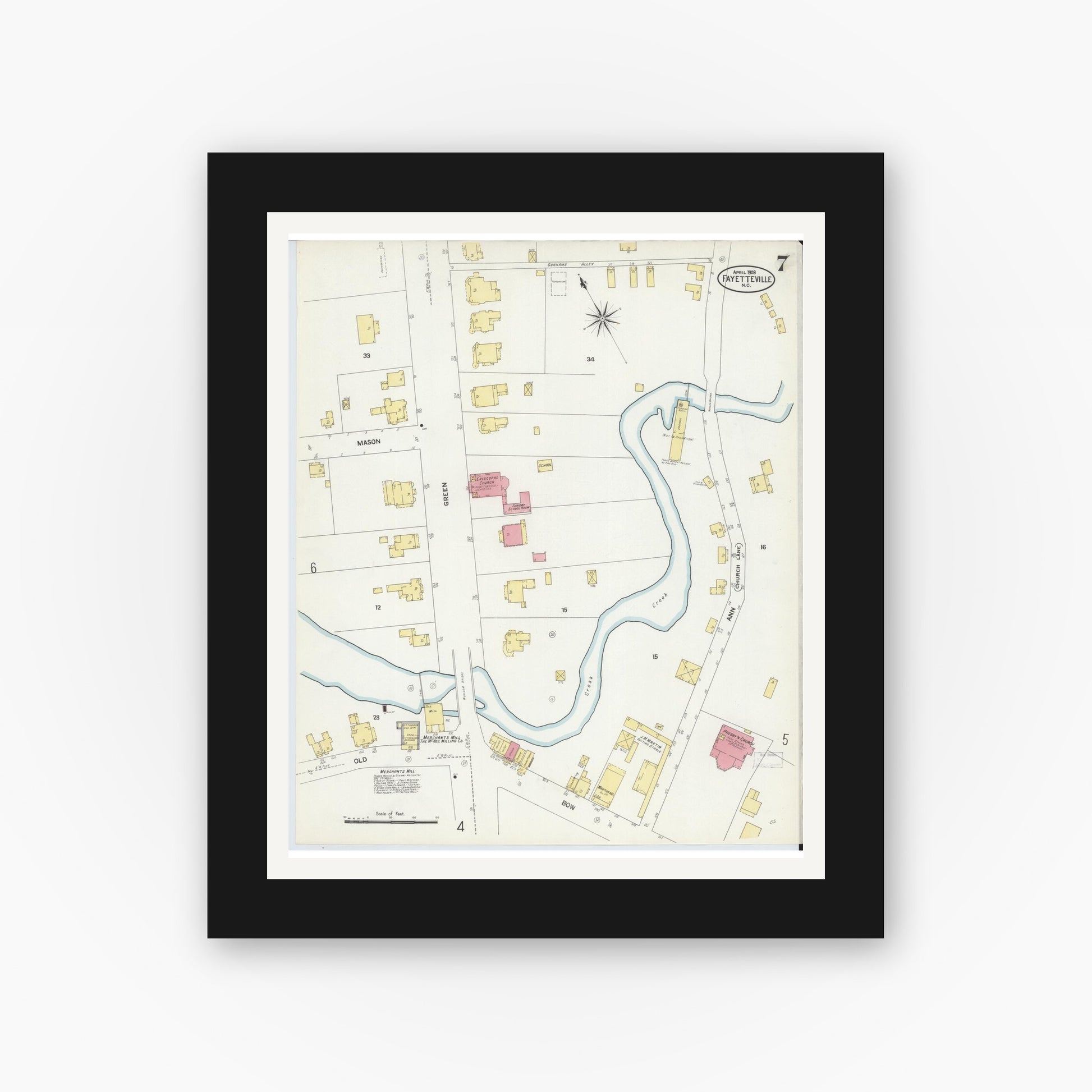 Old map wall art mockup — black gallery frame with white mat — Sanborn Fire Insurance Map from Fayetteville, Cumberland County, North Carolina (1908), Sheet #0007