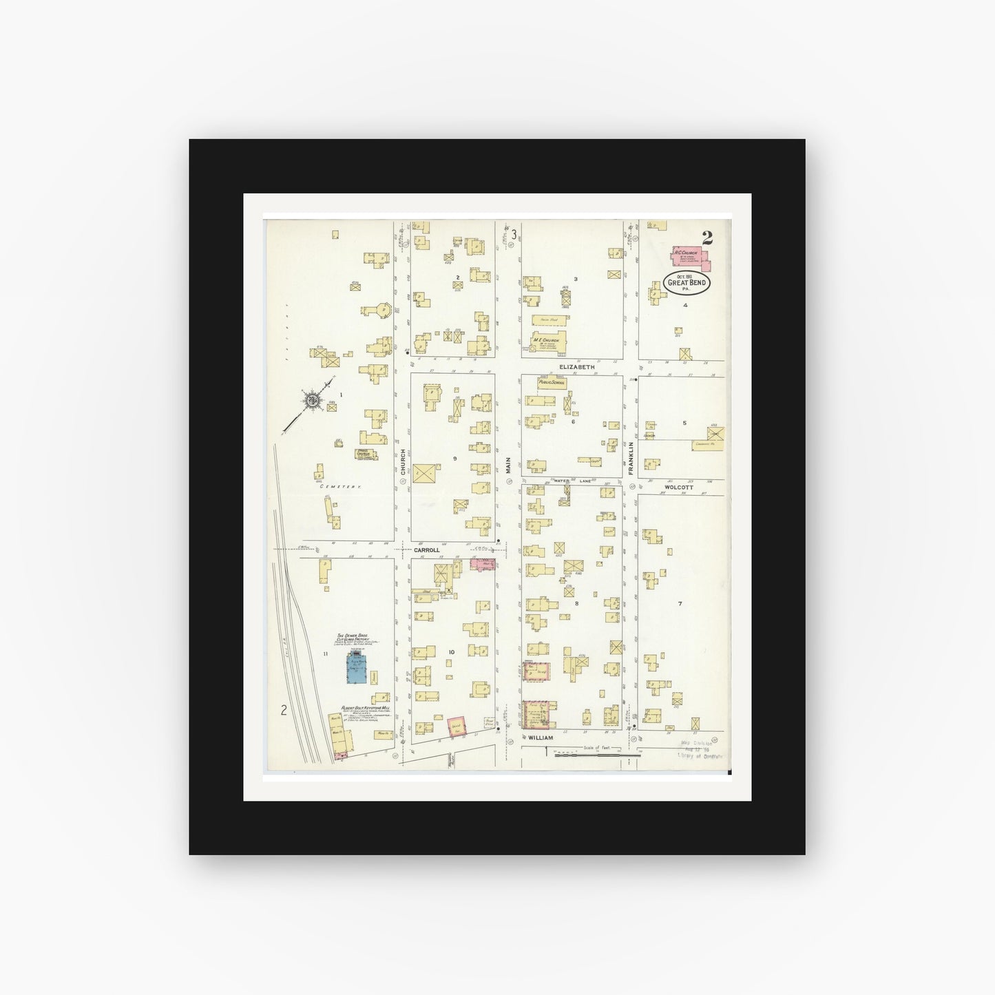 Old map wall art mockup — black gallery frame with white mat — Sanborn Fire Insurance Map from Great Bend, Susquehanna County, Pennsylvania (1911), Sheet #0002