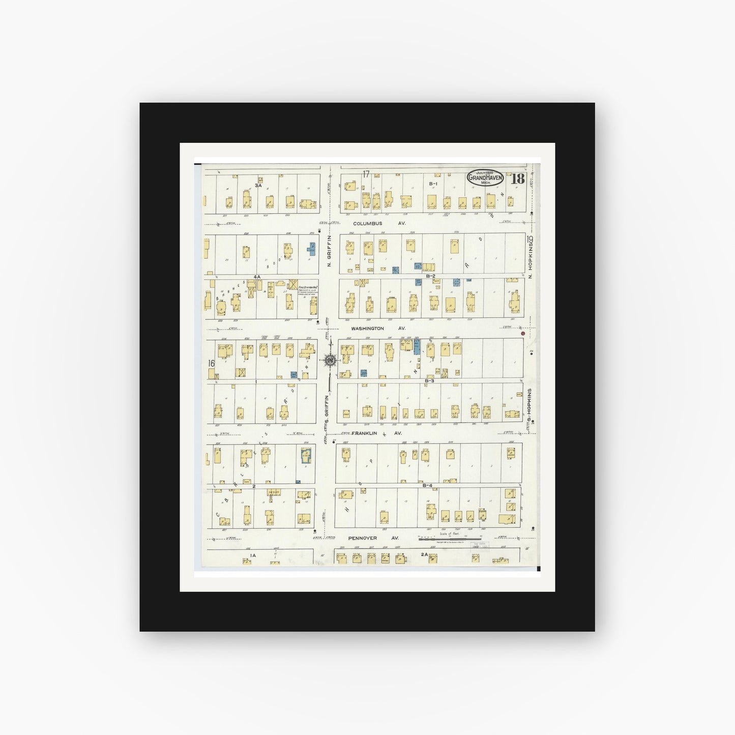 Old map wall art mockup — black gallery frame with white mat — Sanborn Fire Insurance Map from Grand Haven, Ottawa County, Michigan (1920), Sheet #0018