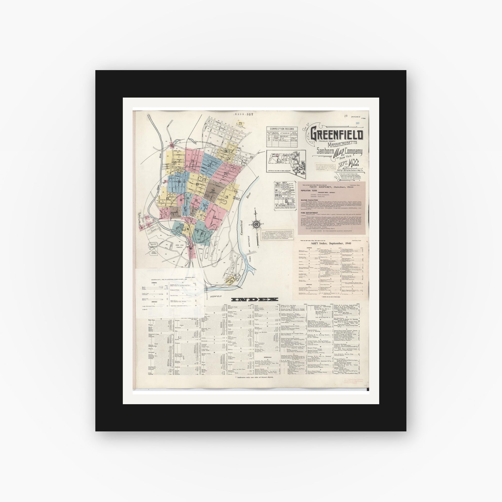 Old map wall art mockup — black gallery frame with white mat — Sanborn Fire Insurance Map from Greenfield, Franklin County, Massachusetts (1948), Sheet #0001