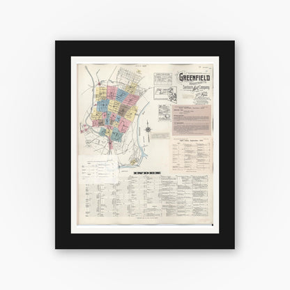 Old map wall art mockup — black gallery frame with white mat — Sanborn Fire Insurance Map from Greenfield, Franklin County, Massachusetts (1948), Sheet #0001