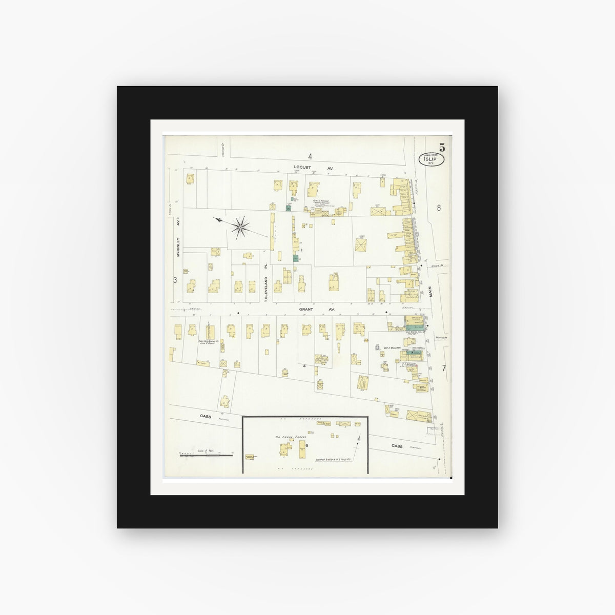 Old map wall art mockup — black gallery frame with white mat — Sanborn Fire Insurance Map from Islip, Suffolk County, New York (1909), Sheet #0005
