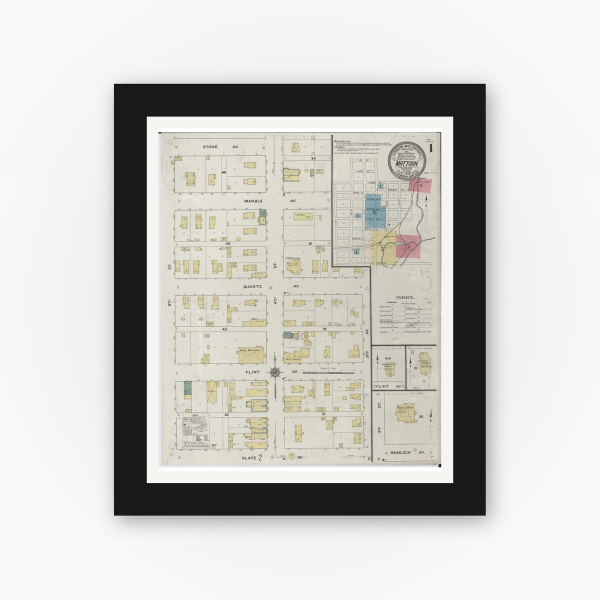 Old map wall art mockup — black gallery frame with white mat — Sanborn Fire Insurance Map from Mattoon, Shawano County, Wisconsin (1909) - Complete Map Set