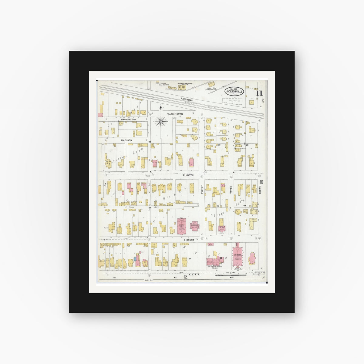 Old map wall art mockup — black gallery frame with white mat — Sanborn Fire Insurance Map from Jacksonville, Morgan County, Illinois (1905), Sheet #0011