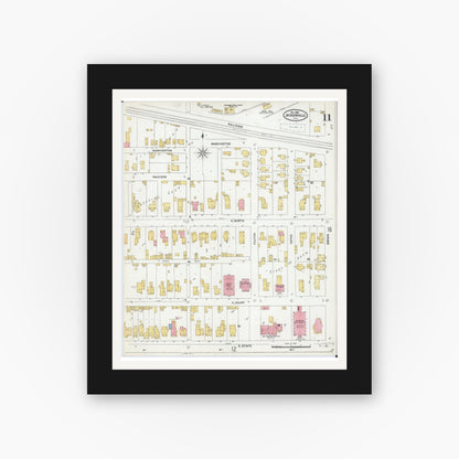 Old map wall art mockup — black gallery frame with white mat — Sanborn Fire Insurance Map from Jacksonville, Morgan County, Illinois (1905), Sheet #0011