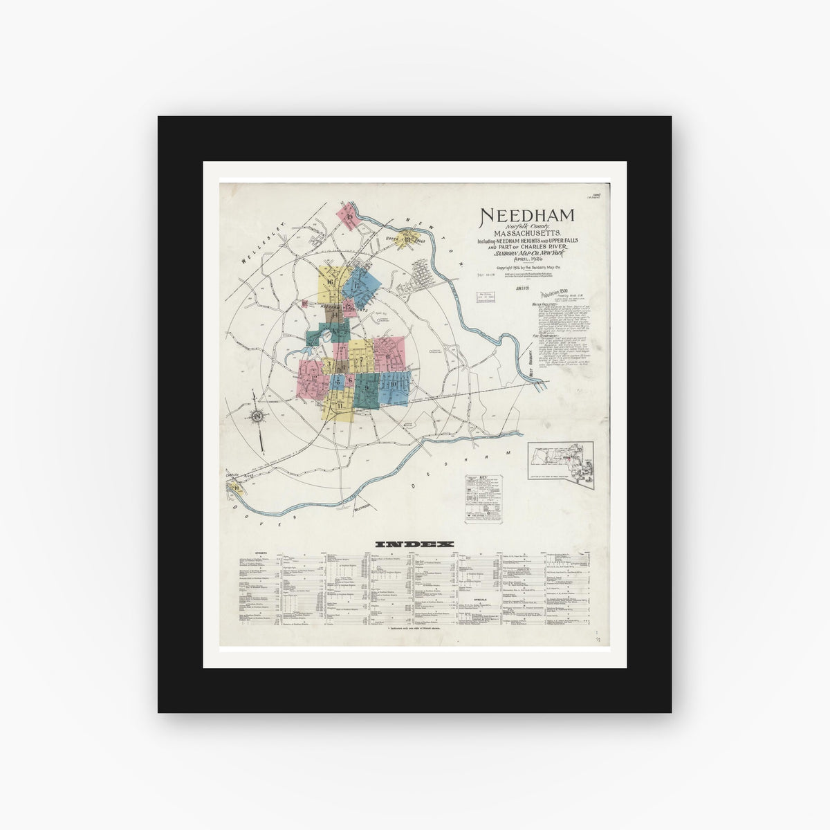Old map wall art mockup — black gallery frame with white mat — Sanborn Fire Insurance Map from Needham, Norfolk County, Massachusetts (1926) - Complete Map Set