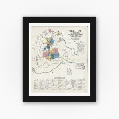 Old map wall art mockup — black gallery frame with white mat — Sanborn Fire Insurance Map from Needham, Norfolk County, Massachusetts (1926) - Complete Map Set