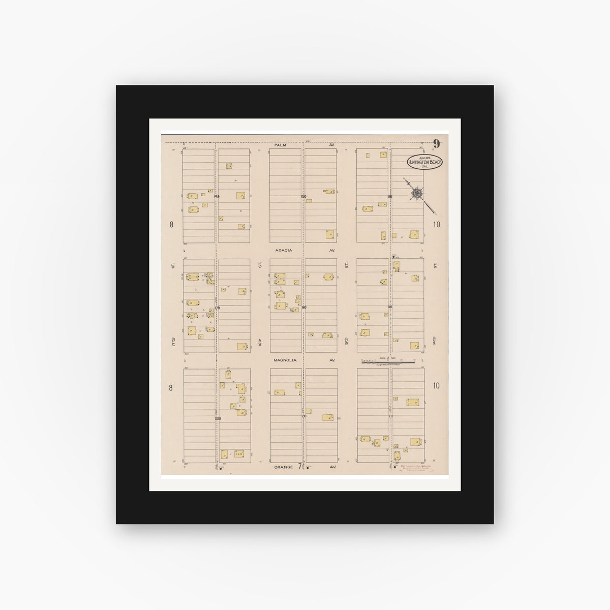Old map wall art mockup — black gallery frame with white mat — Sanborn Fire Insurance Map from Huntington Beach, Orange County, California (1922), Sheet #0009