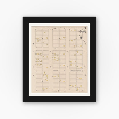 Old map wall art mockup — black gallery frame with white mat — Sanborn Fire Insurance Map from Huntington Beach, Orange County, California (1922), Sheet #0009