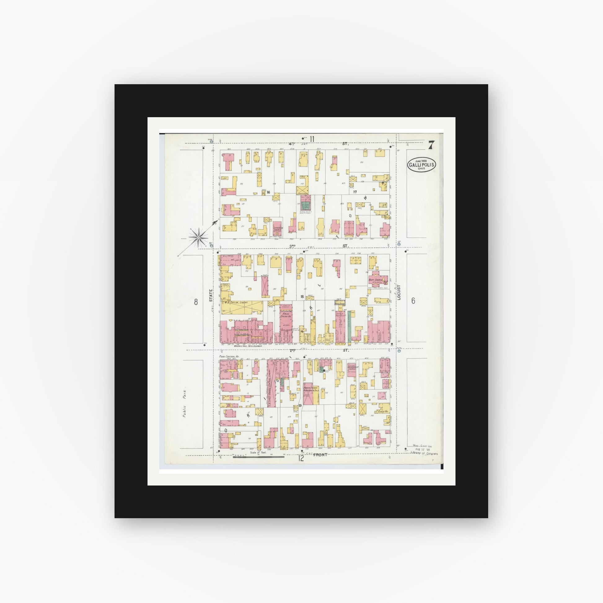 Old map wall art mockup — black gallery frame with white mat — Sanborn Fire Insurance Map from Gallipolis, Gallia County, Ohio (1900), Sheet #0007