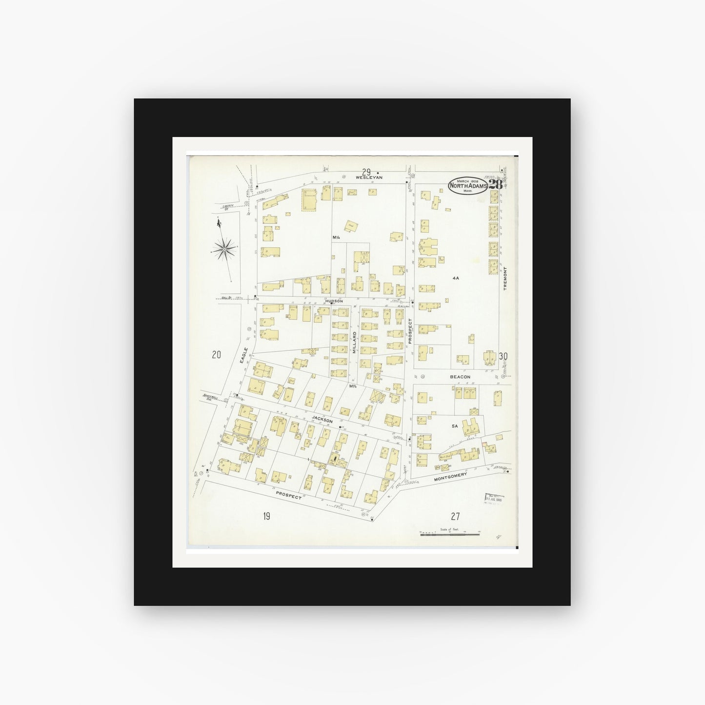 Old map wall art mockup — black gallery frame with white mat — Sanborn Fire Insurance Map from North Adams, Berkshire County, Massachusetts (1908), Sheet #0028