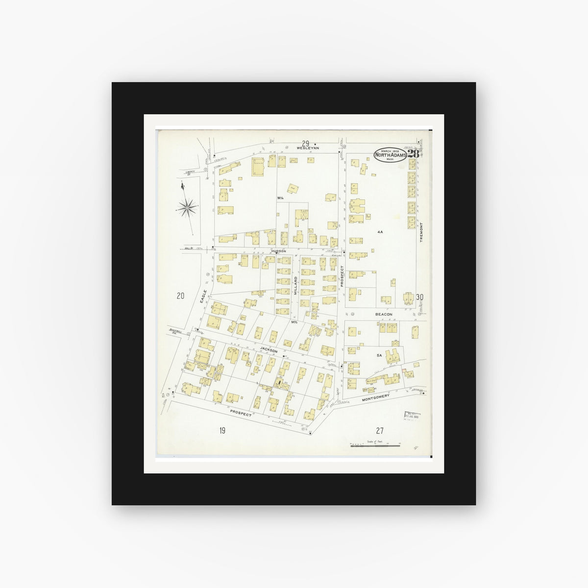 Old map wall art mockup — black gallery frame with white mat — Sanborn Fire Insurance Map from North Adams, Berkshire County, Massachusetts (1908), Sheet #0028