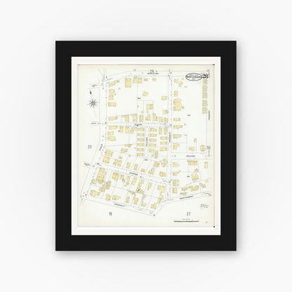 Old map wall art mockup — black gallery frame with white mat — Sanborn Fire Insurance Map from North Adams, Berkshire County, Massachusetts (1908), Sheet #0028