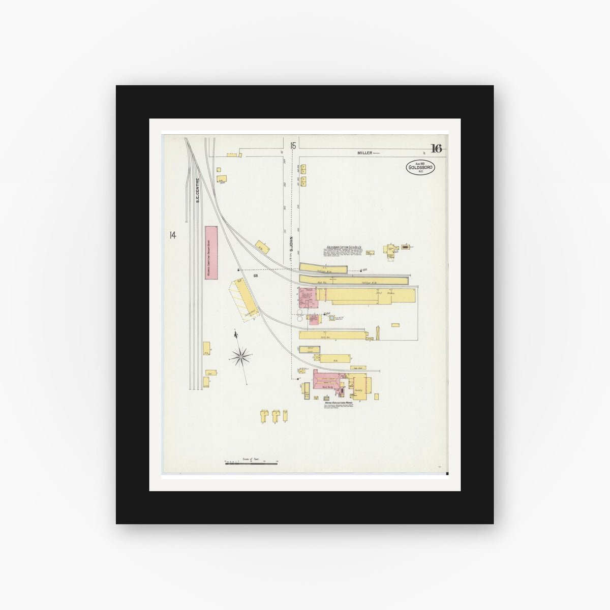 Old map wall art mockup — black gallery frame with white mat — Sanborn Fire Insurance Map from Goldsboro, Wayne County, North Carolina (1901), Sheet #0016